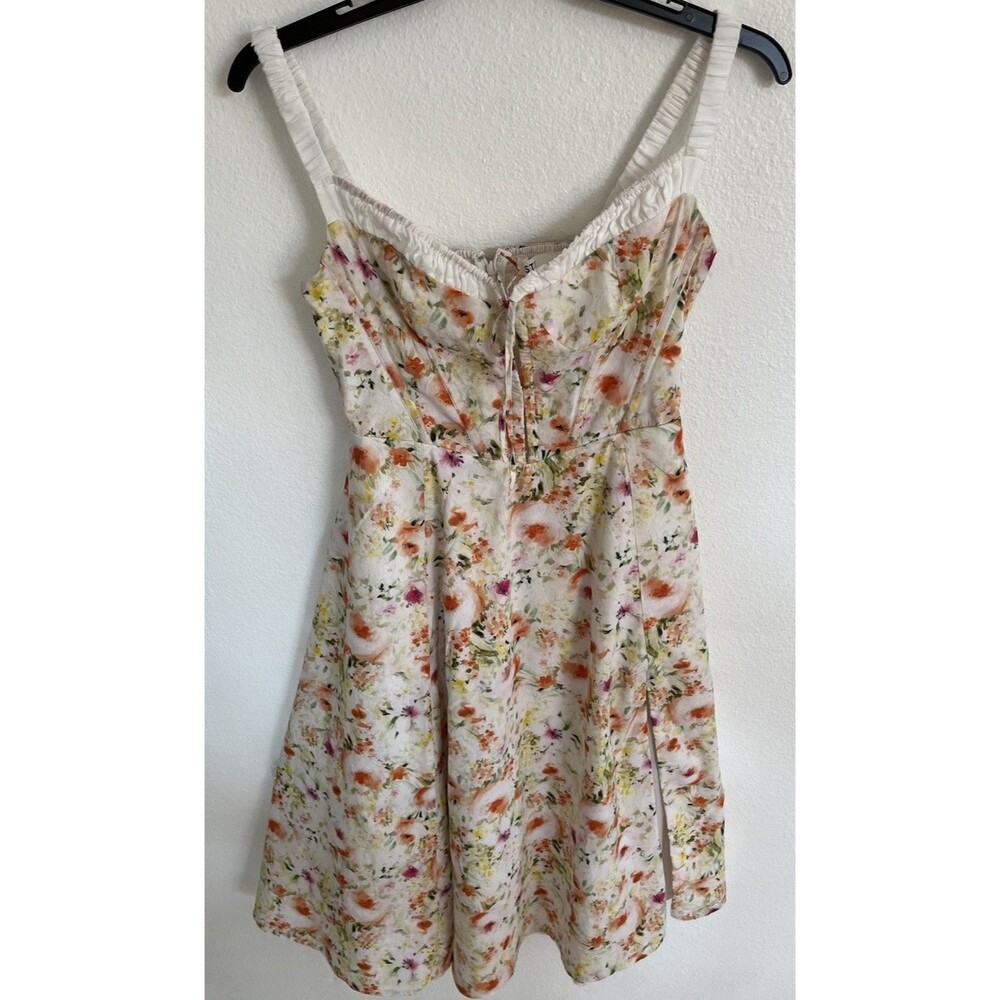 ASTR Julietta Milkmaid Dress Floral Slit Midi Medium Orange Green Cottagecore